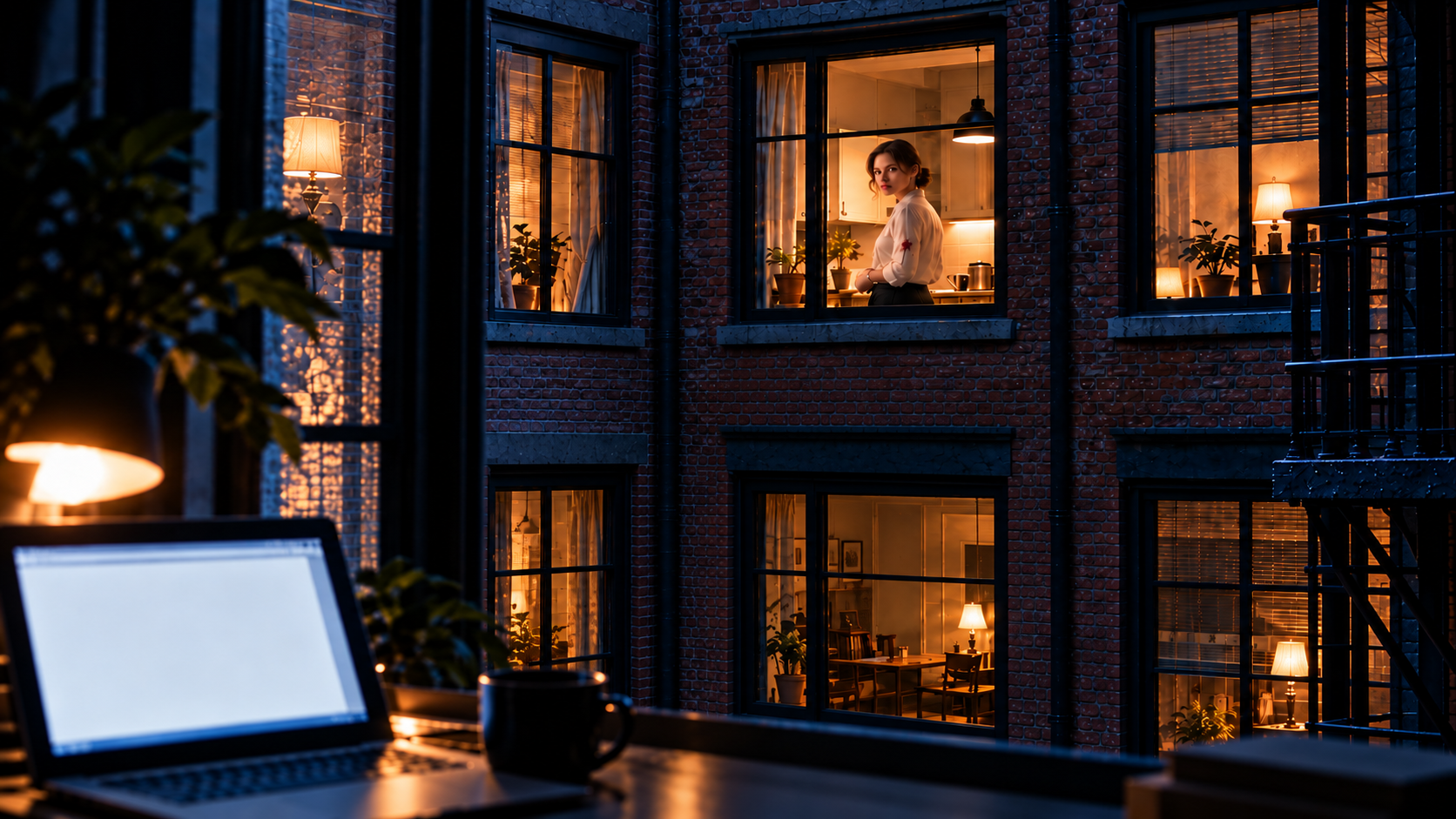 A writer looking from a dark apartment toward an illuminated window across the courtyard