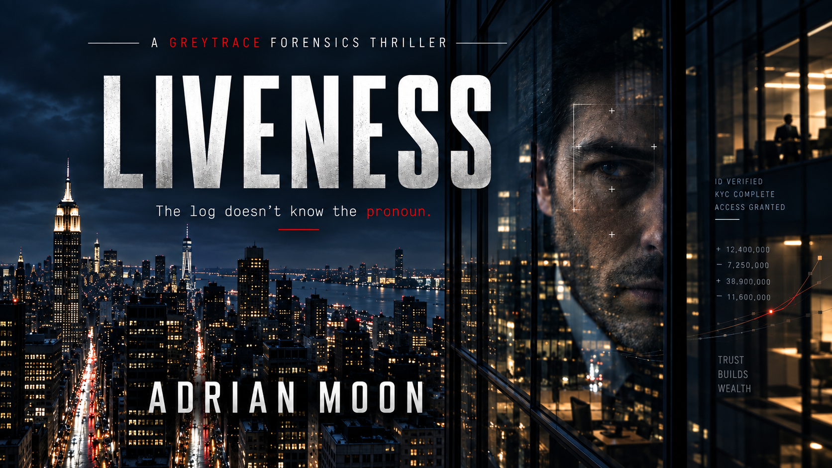 LIVENESS key visual with the New York skyline, biometric verification graphics, and the line The log doesn’t know the pronoun