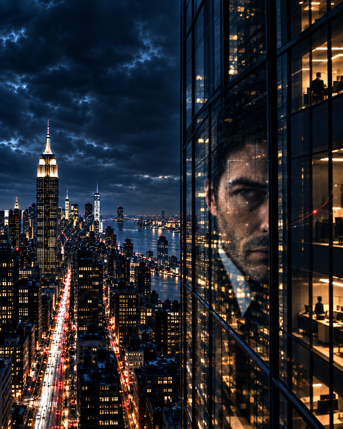 Nighttime New York skyline reflected across a glass office and a man’s face